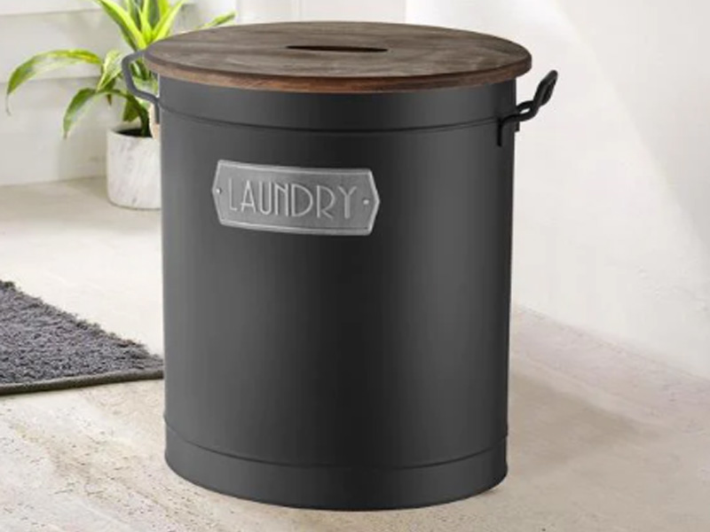 Black Laundry Bin With Wooden Lid
